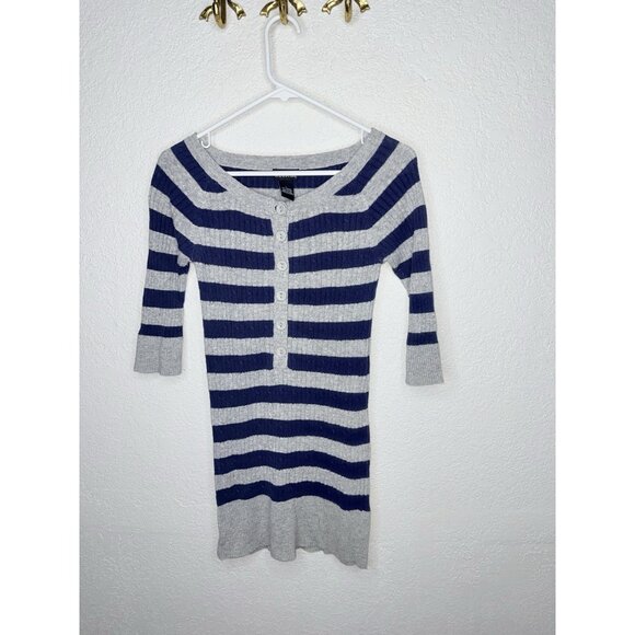 Wet Seal Vintage Y2K Knit Top Striped Blue Gray Buttons 3/4 Sleeves Sweater 1A - Picture 3 of 5